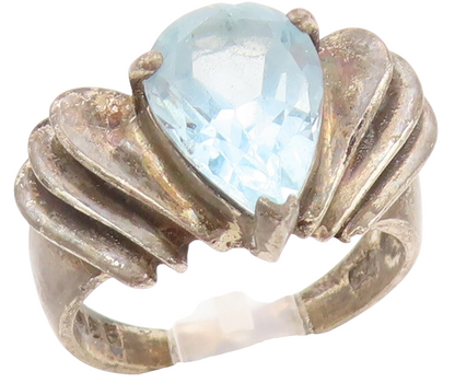 925 Sterling Silver Vintage Ring Pear Cut Blue Topaz Fluted Band  Sz 6  RG36335