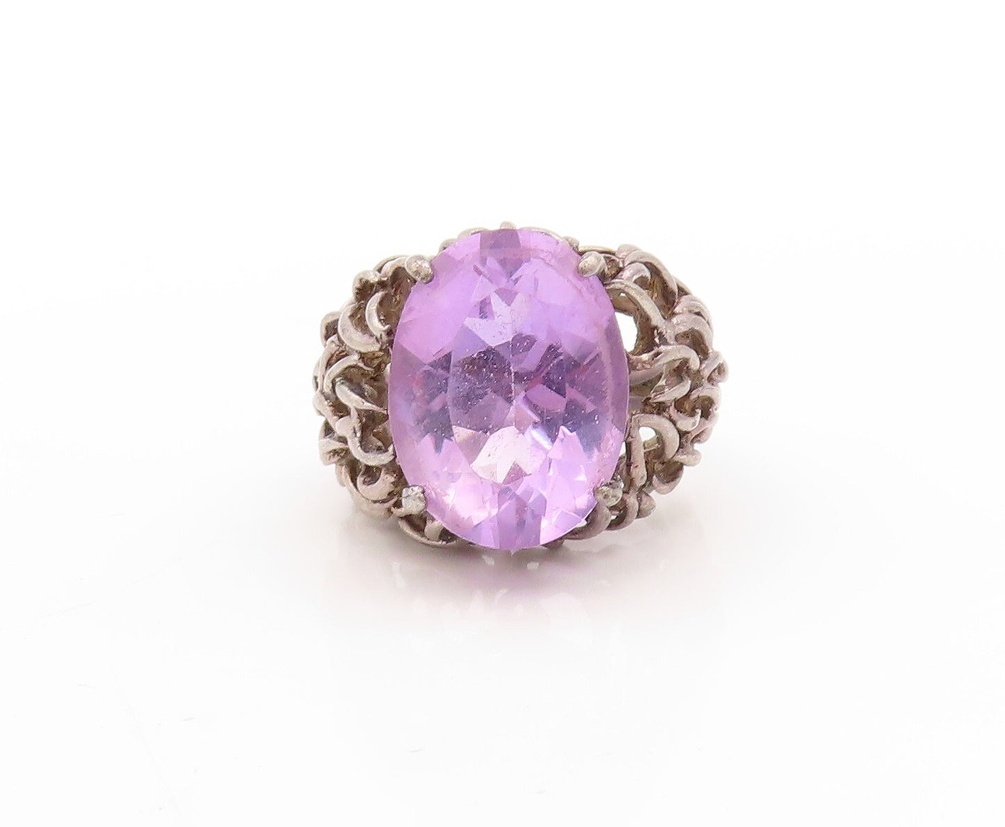 925 Sterling Silver Vintage Ring Dark Tone Brutalist Woven Amethyst Sz 5 RG31425