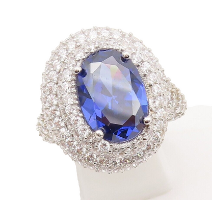 925 Sterling Silver Vintage Ring Oval Cut Sapphire Halo Topaz  Sz 7.5  RG29905