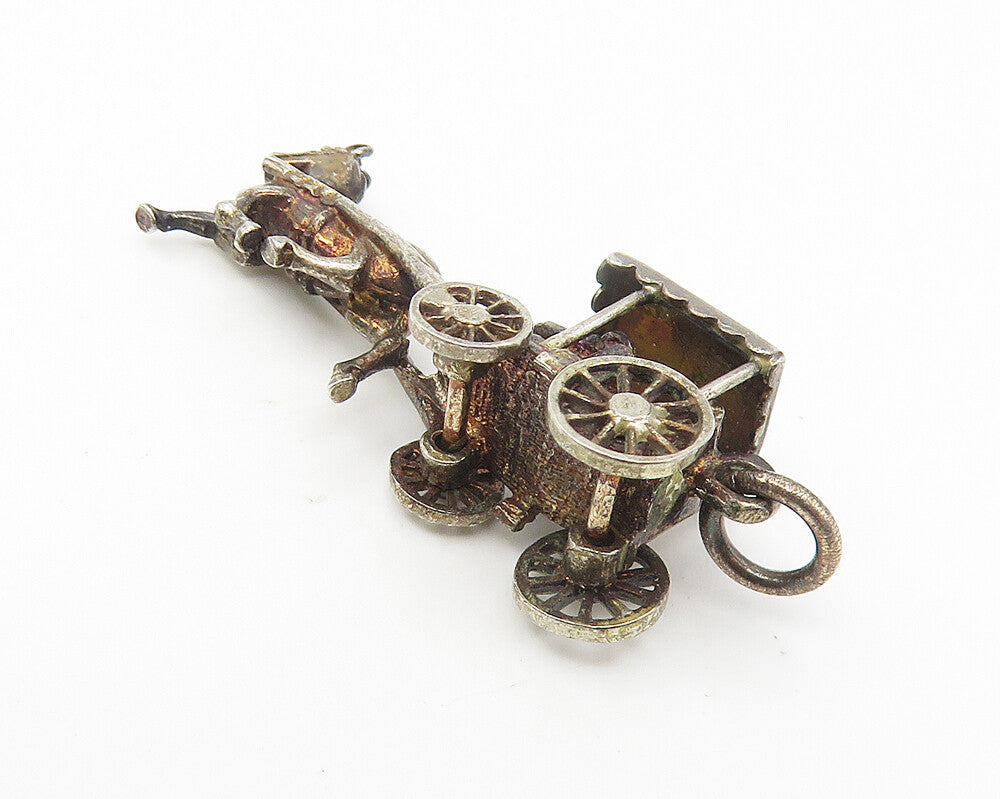 925 Sterling Silver  Vintage Petite Dark Tone Horse & Carriage Pendant  PT8527