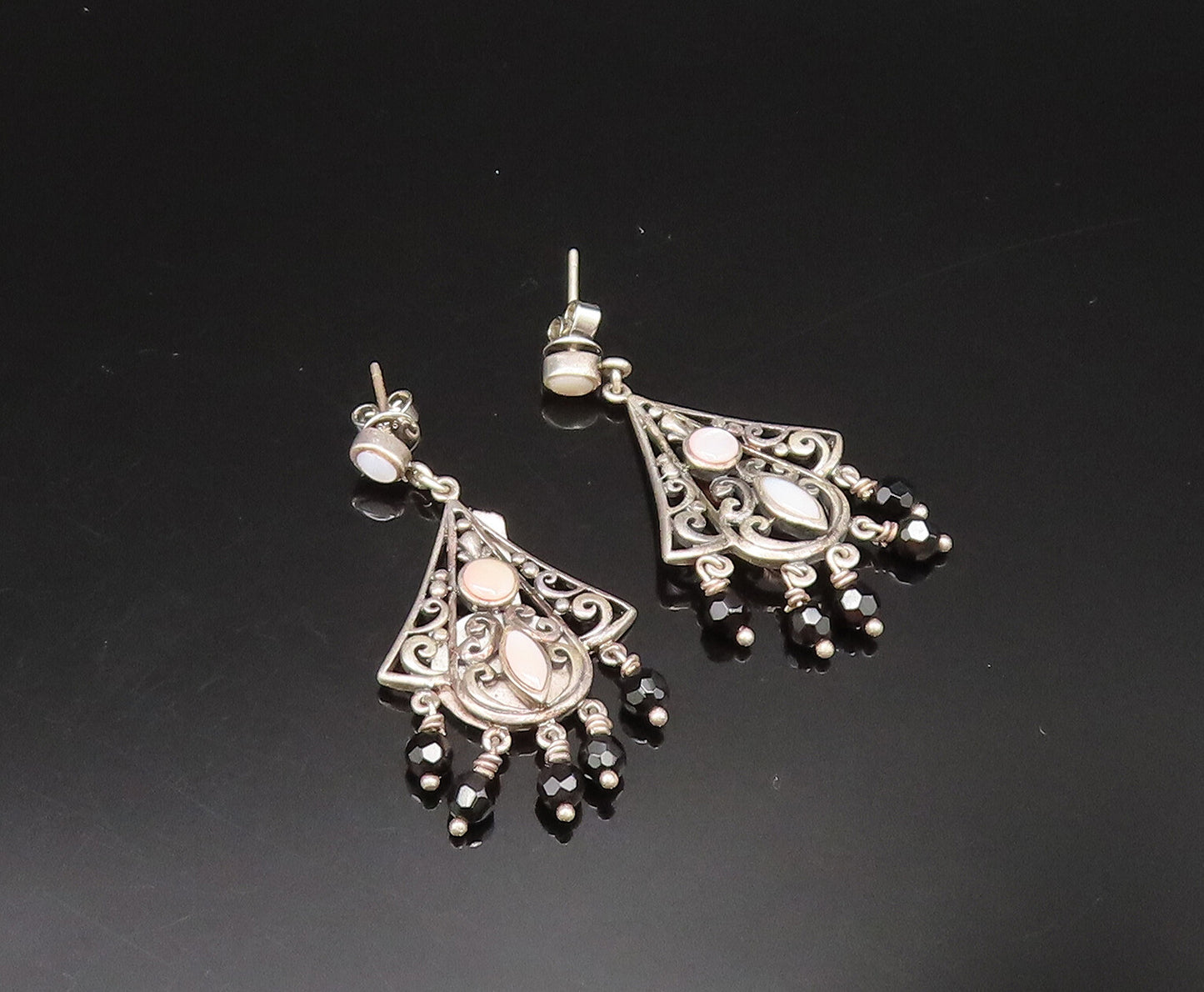 925 Silver  Vintage Mother Of Pearl & Spinel Beads Scroll Earrings  EG11745