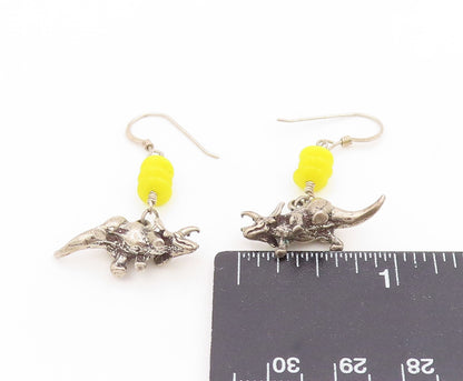 925 Sterling Silver Vintage Earrings Yellow Bead Dinosaur Charm Dangle  EG14056