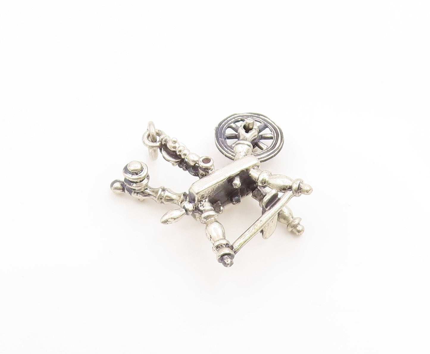 925 Sterling Silver Vintage Pendant Etched Yarn Spinning Machine Charm  PT26152