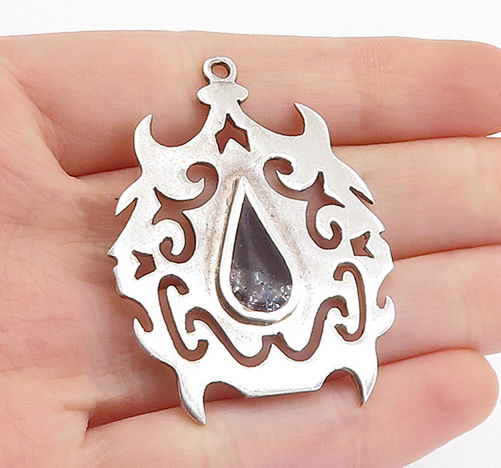 MEXICO 925 Sterling Silver  Vintage Inlaid Black Onyx Swirl Pendant  PT4470