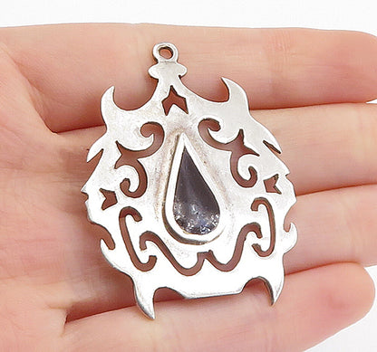 MEXICO 925 Sterling Silver  Vintage Inlaid Black Onyx Swirl Pendant  PT4470