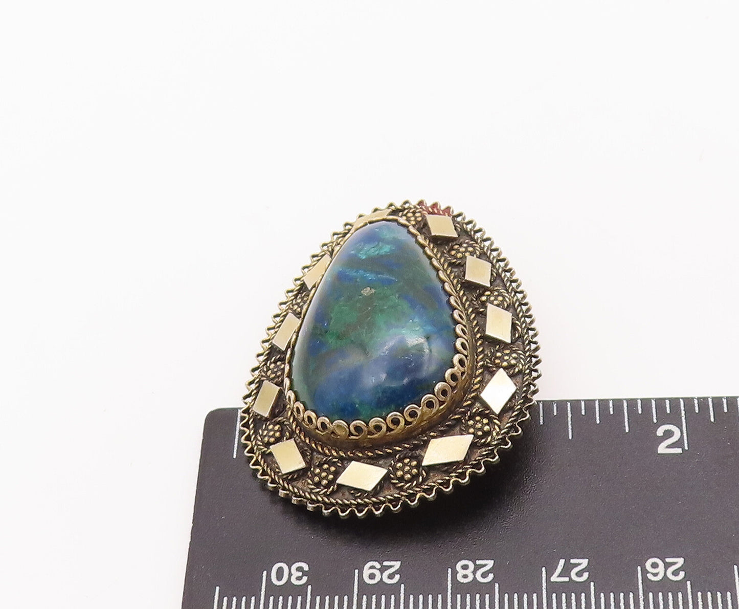 ISRAEL 925 Silver  Vintage Teardrop Azurite Halo Beaded Brooch Pin  BP10511