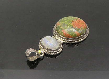 925 Sterling Silver  Vintage Cabochon Cut Unakite & Moonstone Pendant  PT17166