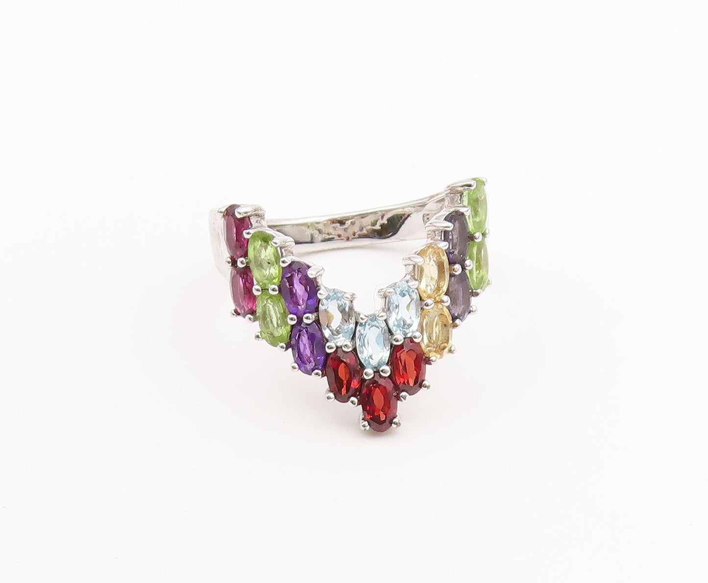 925 Sterling Silver Vintage Ring Multi Gemstone V Shaped Band  Sz 12  RG36527