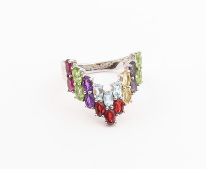 925 Sterling Silver Vintage Ring Multi Gemstone V Shaped Band  Sz 12  RG36527