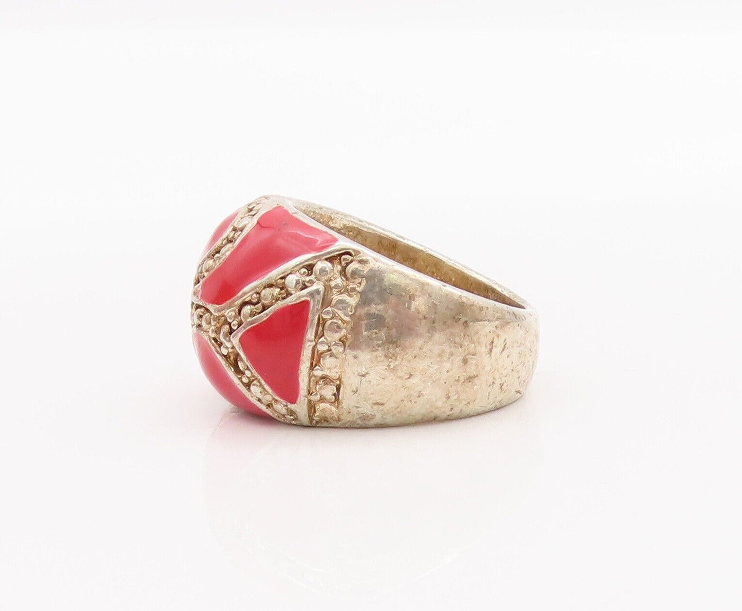 925 Sterling Silver Vintage Ring Gold Plated Enameled Dot Carved  Sz 7.5 RG28369