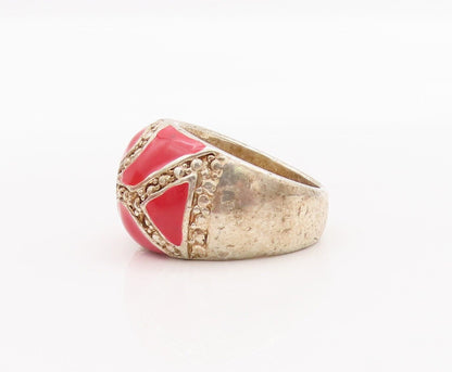 925 Sterling Silver Vintage Ring Gold Plated Enameled Dot Carved  Sz 7.5 RG28369