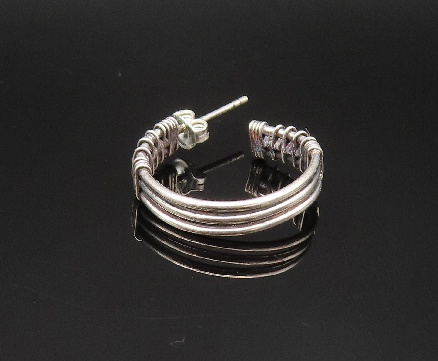 925 Sterling Silver  Vintage Wire Wrapped Three Rows Hoop Earrings  EG11769