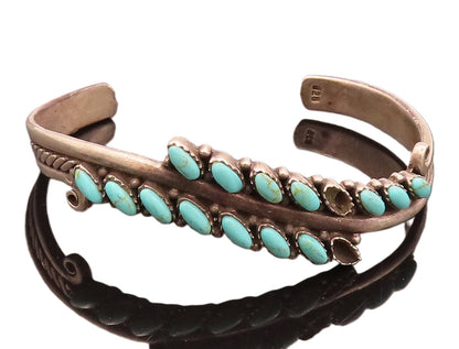 925 Sterling Silver Vintage Turquoise Leaf Swirly Carved Cuff Bracelet BT10038