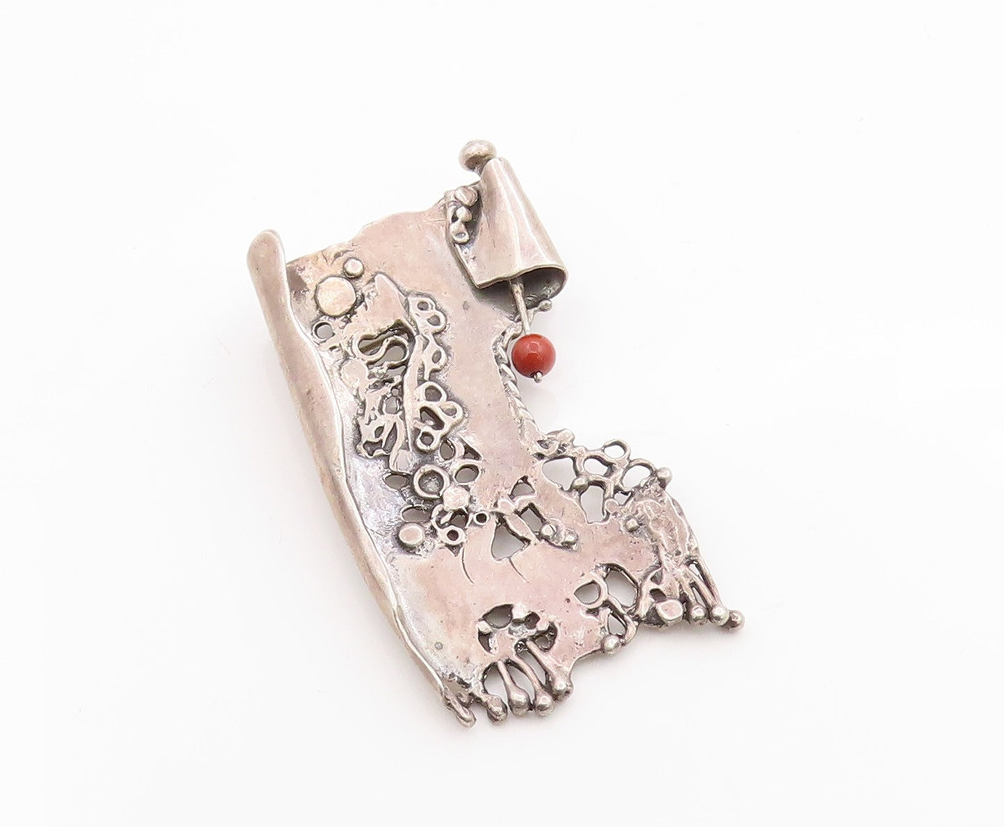925 Sterling Silver Vintage Brooch Modernist Artisan Designed Red Bead  BP11802