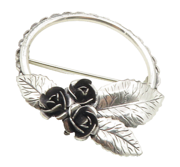 BEAU 925 Sterling Silver  Vintage Rose Flowers Open Circle Brooch Pin  BP3629