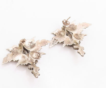 925 Sterling Silver Vintage Earrings Carved Bunch Of Grapes & Leaves  EG13203