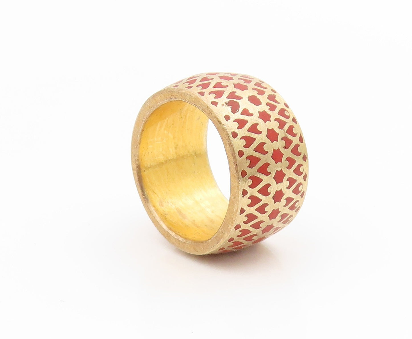 925 Sterling Silver Vintage Ring Gold Plated Red Lattice Pattern  Sz 7  RG34548