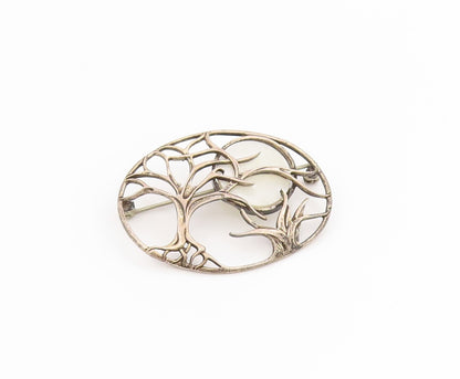 925 Sterling Silver Vintage Brooch Pin Mother Of Pearl Night Scenery   BP12198