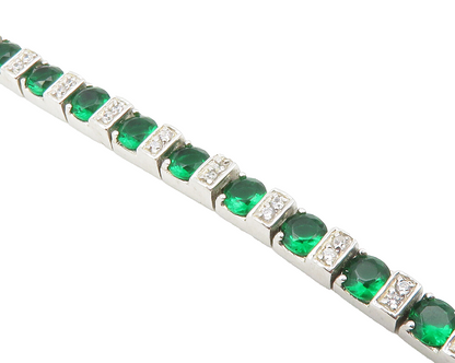 925 Sterling Silver  Round Cut Green & White Topaz Chain Bracelet  BT5414