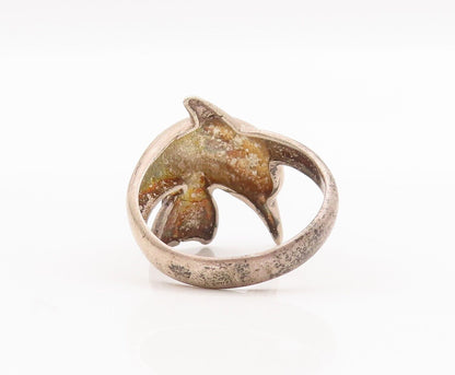 925 Sterling Silver Vintage Ring Solid Carved Diving Delphine  Sz 8  RG28212