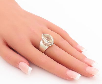 925 Sterling Silver Vintage Ring Swirly Cutout Large Drop Cut Topaz Sz 6 RG28687