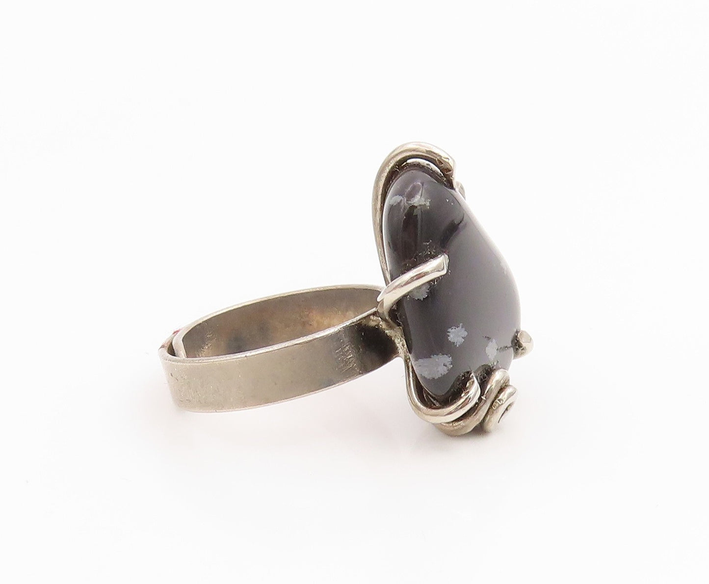 925 Sterling Silver Vintage Ring Modernist Black Agate Solid Band  Sz 7  RG35469