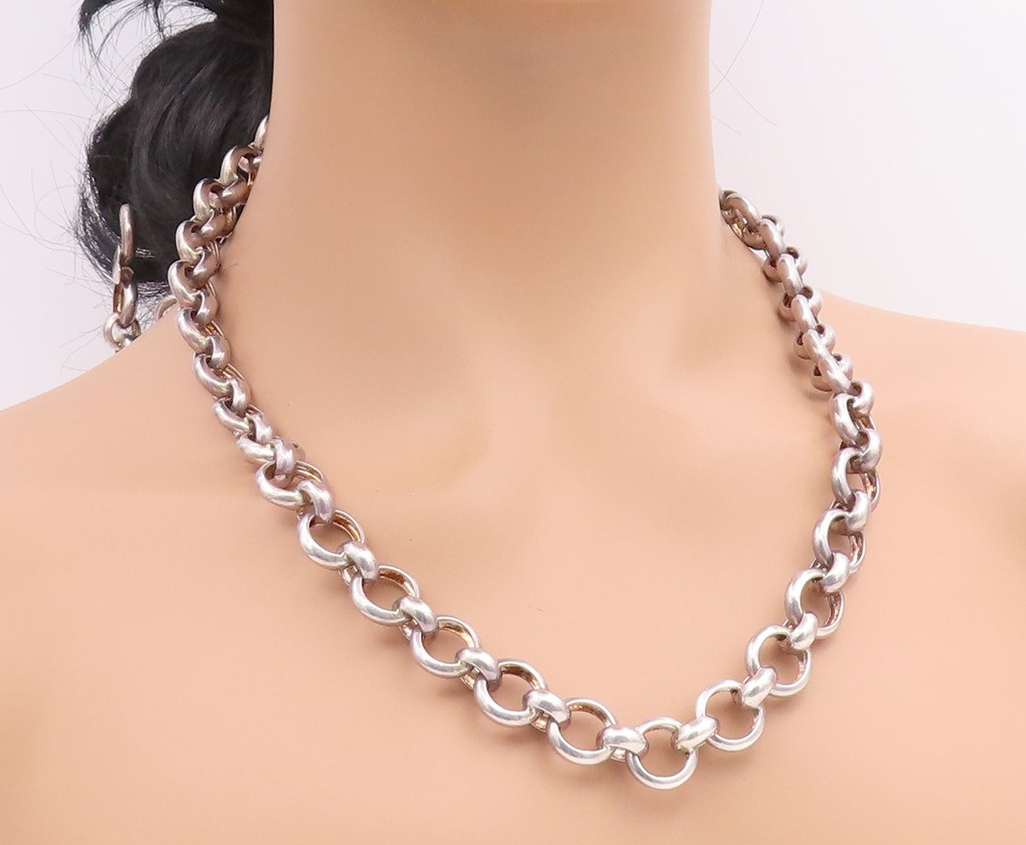 925 Sterling Silver Vintage Necklace Interlocking Geometric Circles Link  NE4830