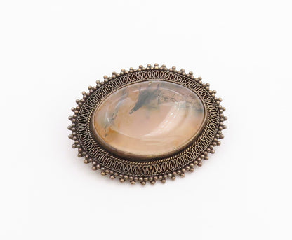 ISRAEL 925 Silver  Vintage Beaded Border Oval Moss Agate Brooch Pin  BP9549