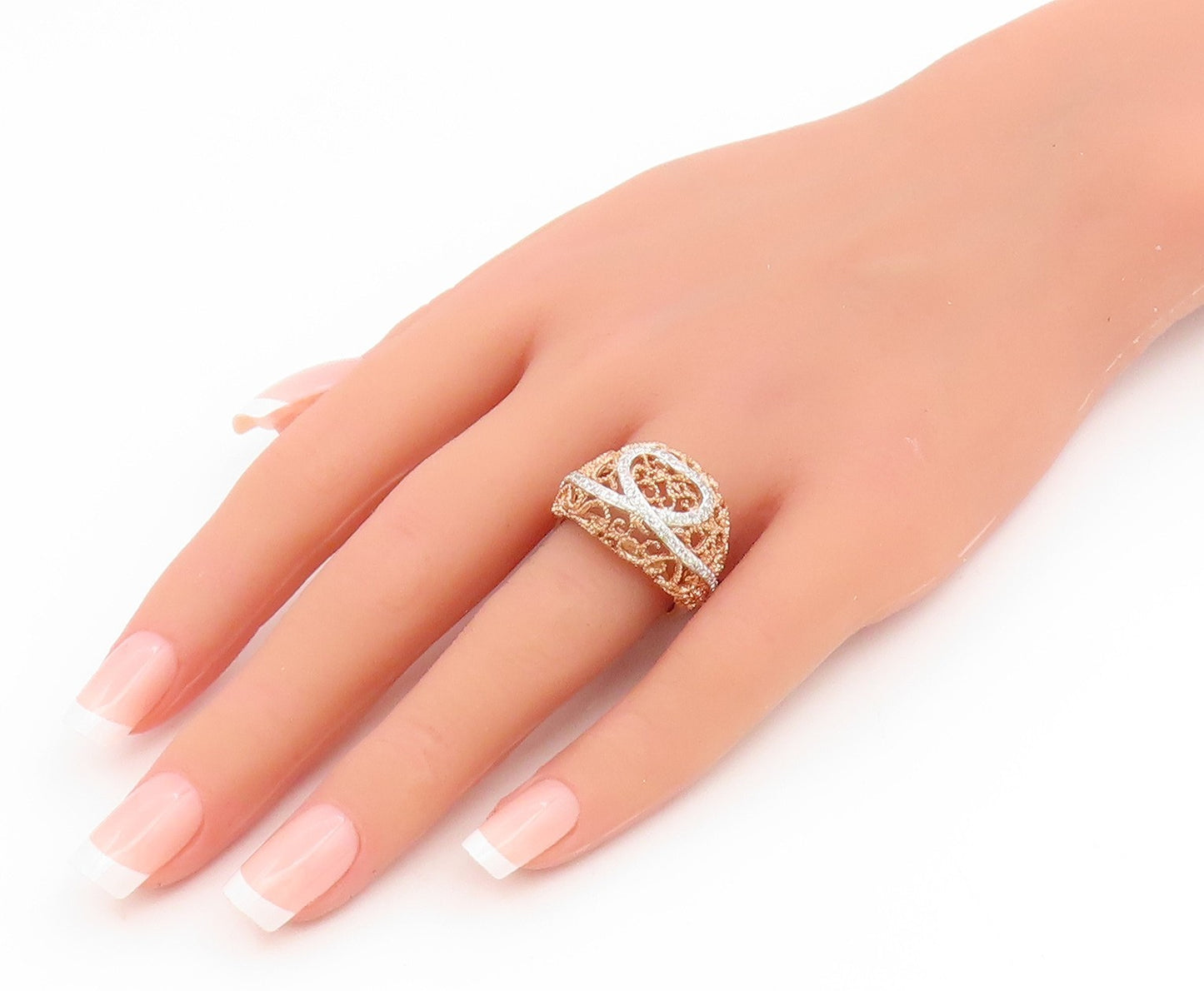 925 Sterling Silver Vintage Ring Gold Plated CZ Love Heart Dome  Sz 8  RG35289