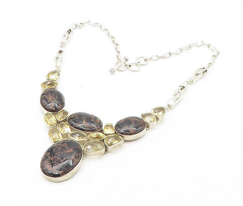925 Sterling Silver  Vintage Multi Shaped Real Gemstone Chain Necklace  NE2968