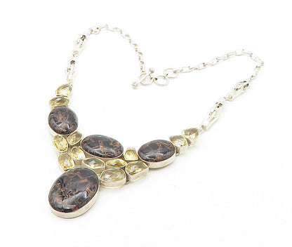 925 Sterling Silver  Vintage Multi Shaped Real Gemstone Chain Necklace  NE2968