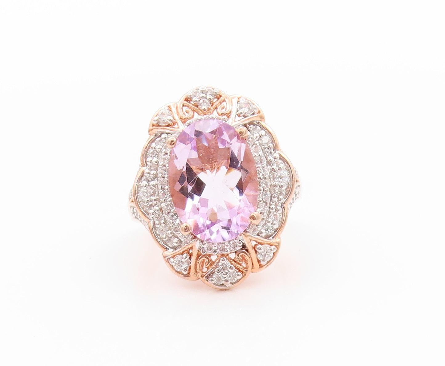 925 Sterling Silver Vintage Ring Rose Gold Plated Diamonds Amethyst Sz 7 RG32467
