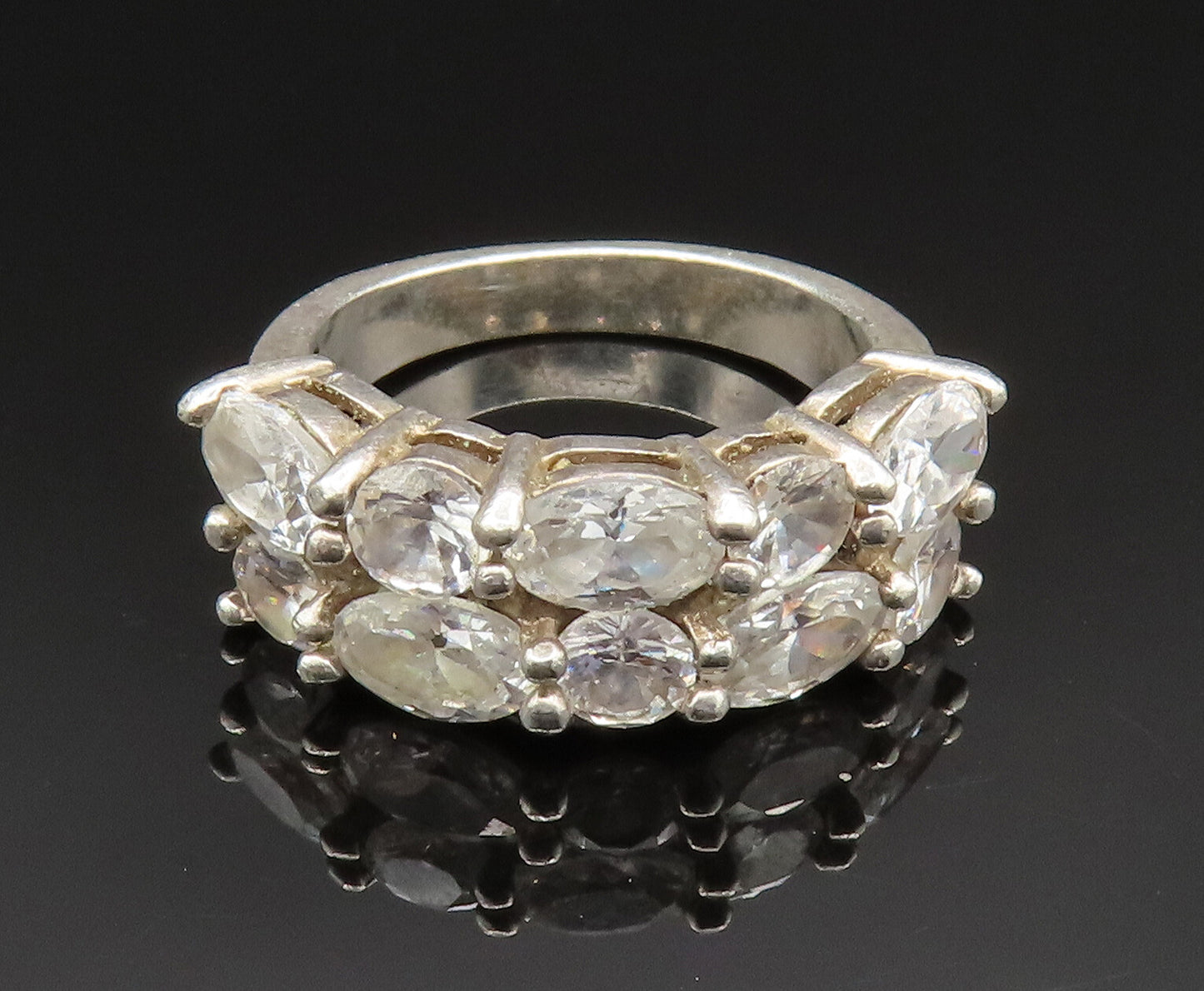 925 Silver  Vintage Double Row Cubic Zirconia Pattern Ring Sz 6.5  RG24853