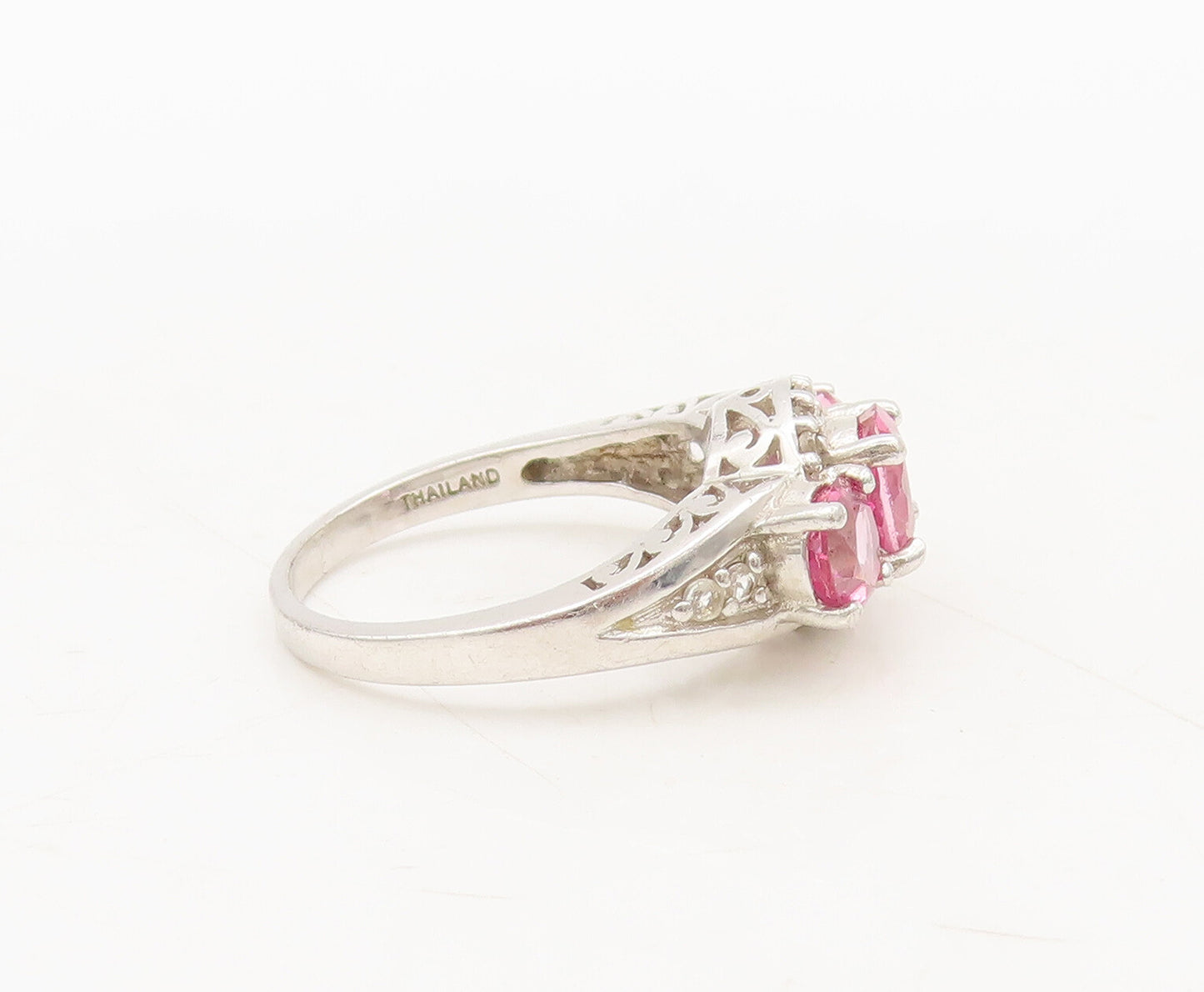 925 Silver Vintage Ring Carved Three Pinkesh Spinels Halo Topaz  Sz 7  RG27583