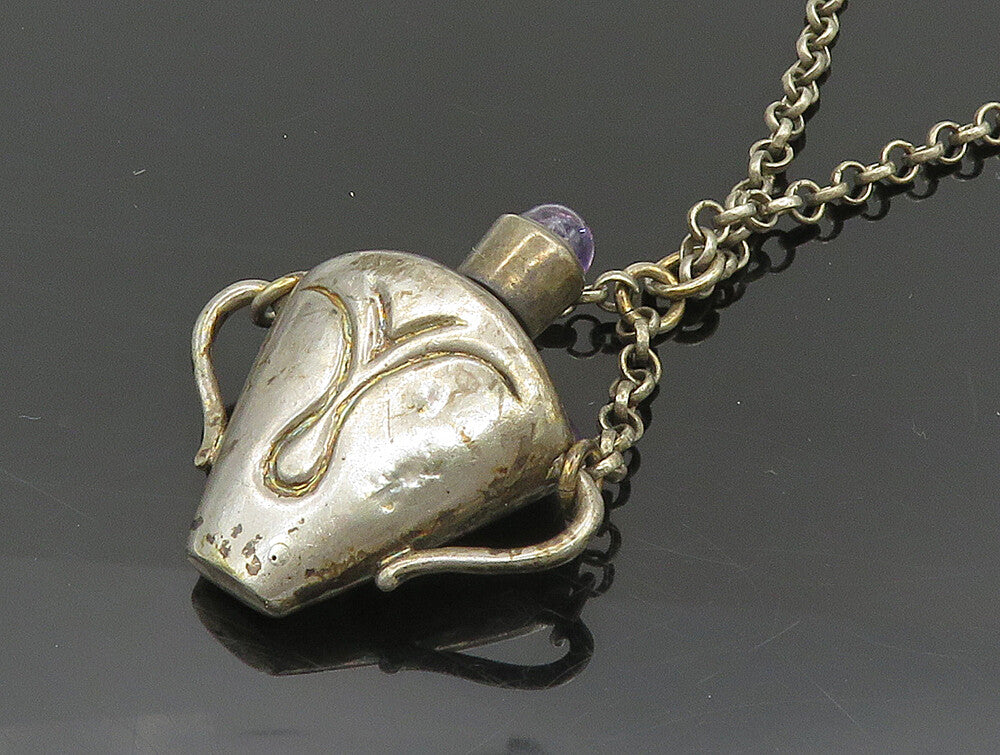 925 Silver  Vintage Antique Fleur De Lis Amethyst Tea Cup Necklace  NE3835