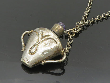 925 Silver  Vintage Antique Fleur De Lis Amethyst Tea Cup Necklace  NE3835