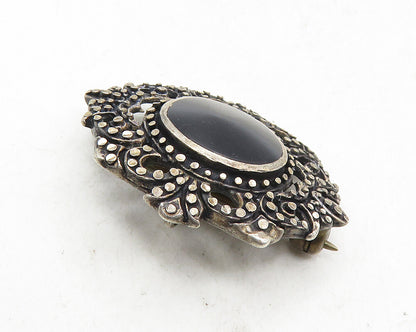 925 Sterling Silver  Vintage Inlaid Black Onyx Floral Brooch Pin  BP3649