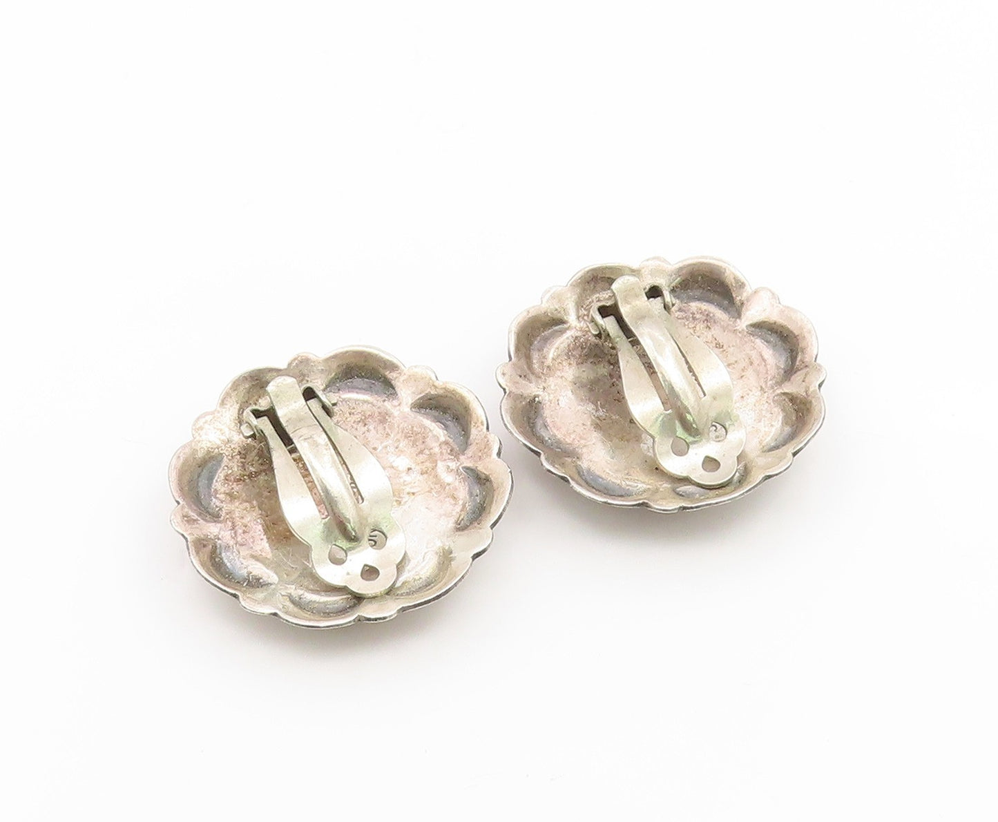 925 Sterling Silver Vintage Earrings NAVAJO SUZIE JAMES Concho Clip On  EG14180