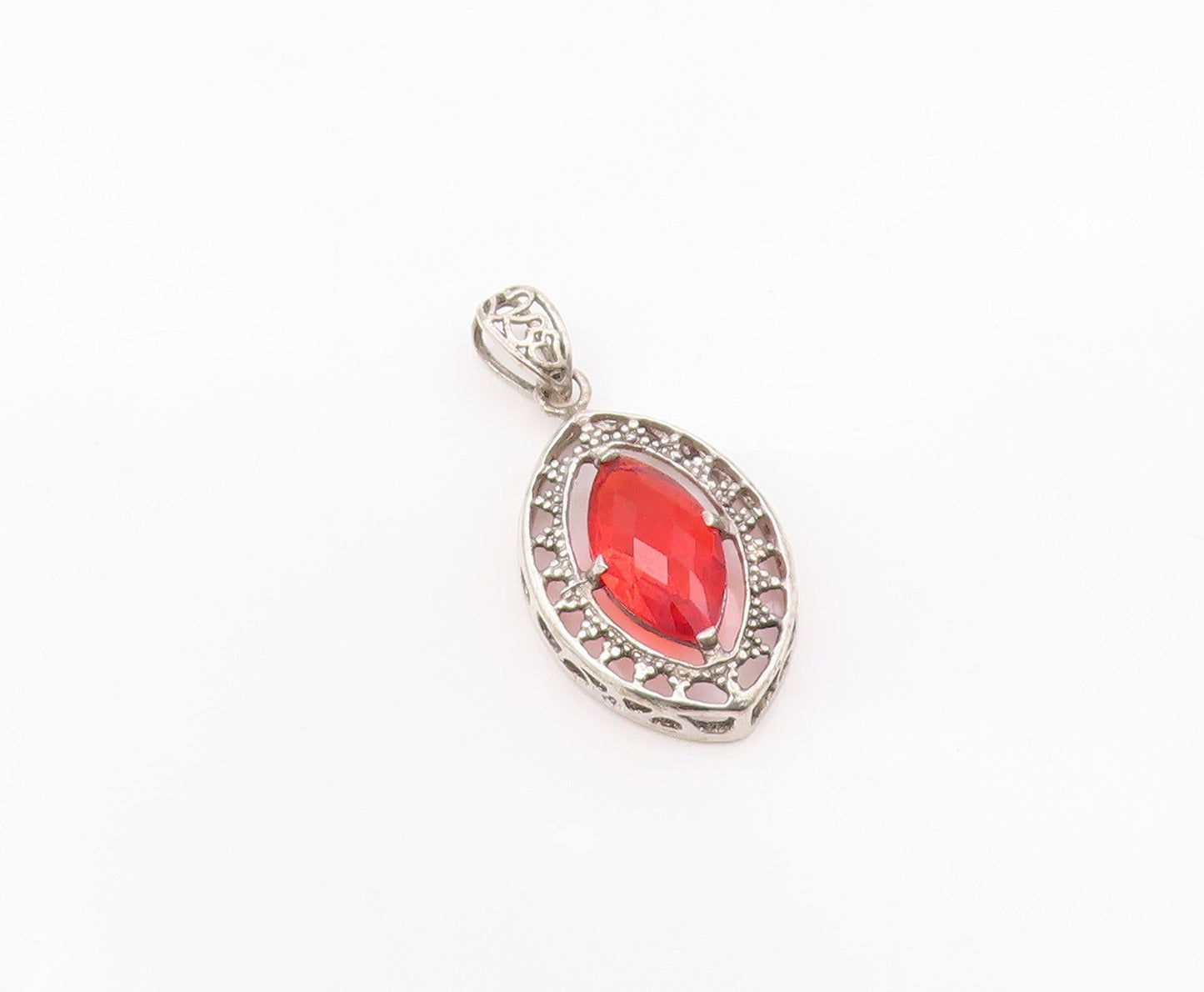 925 Sterling Silver Vintage Pendant Marquise Cut Ruby Openwork Charm  PT26347