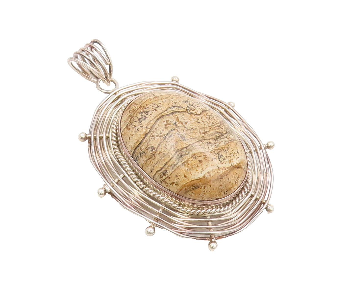925 Silver  Vintage Bali Large Brown Jasper Halo Spiderweb Pendant  PT22272