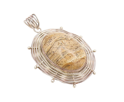 925 Silver  Vintage Bali Large Brown Jasper Halo Spiderweb Pendant  PT22272