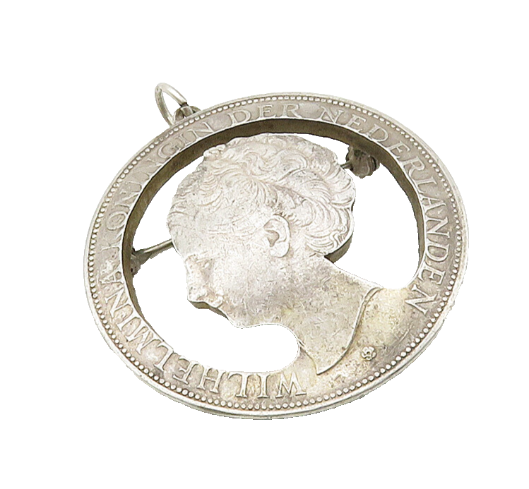 925 Sterling Silver  Vintage Antique Netherlands Queen Coin Brooch Pin  BP6273