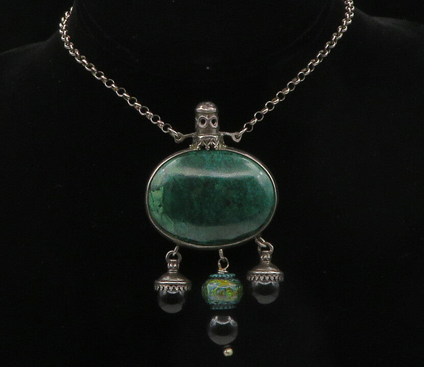 925 Sterling Silver  Vintage Hematite Chrysocolla & Onyx Chain Necklace NE2302