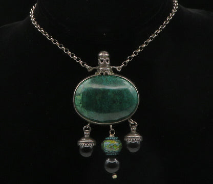 925 Sterling Silver  Vintage Hematite Chrysocolla & Onyx Chain Necklace NE2302