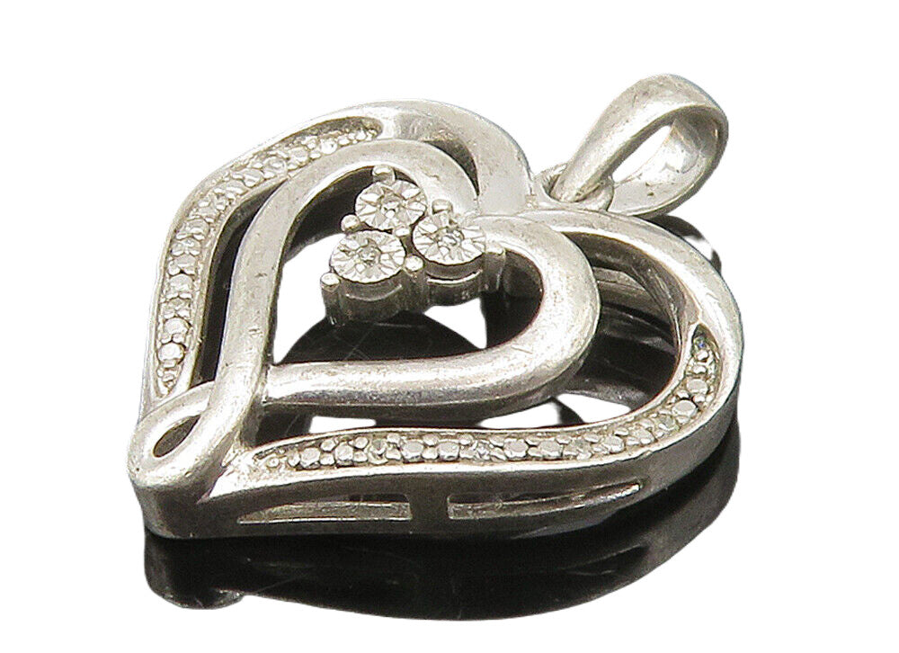 925 Sterling Silver  Vintage Genuine Diamonds Love Heart Pendant  PT12167