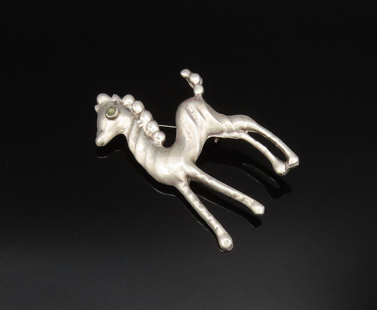 MEXICO 925 Silver  Vintage Antique Green Turquoise Eye Pony Brooch Pin  BP9751