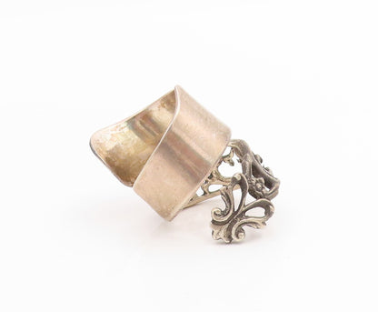 925 Sterling Silver Vintage Ring Openwork Flower Motif Cuff Band  Sz 10  RG33787