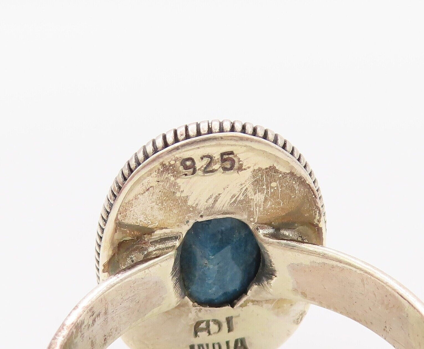 925 Sterling Silver Vintage Ring Oval Blue Gemstone Rope Carved  Sz 9.5  RG30289