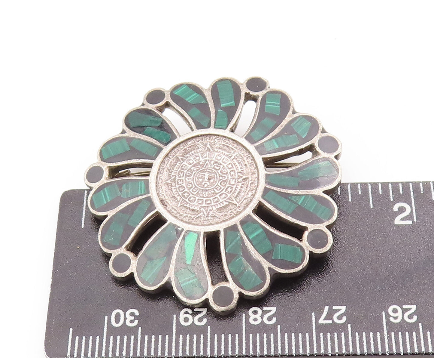 925 Sterling Silver Vintage Brooch Pin MEXICO Malachite Celtic Flower  BP10953