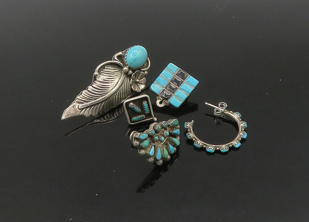 ZUNI NAVAJO 925 Silver  Vintage Turquoise & Onyx Lot Single Earrings  EG11227